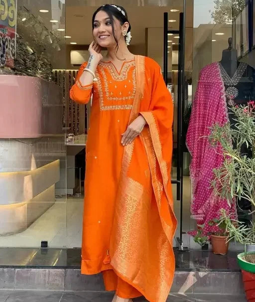 Chanderi Silk Designer Kurti With Bottom Dupatta