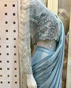 Sea Green Chinon Crape Drape Saree With Resham, Mirror, and Japanese Cut Dana