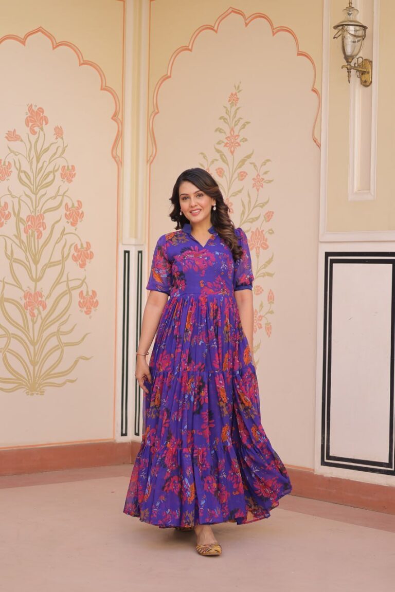 Blue Color Georgette With Print Gown