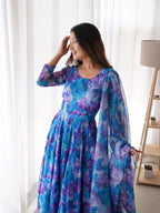 Sky Blue Color Flower Printed Classy Gown