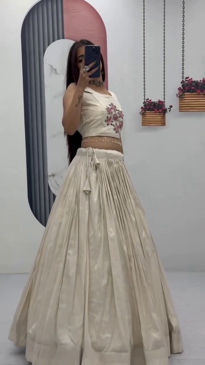 Off-White Embroidered Crop Top with Pleated Silk Lehenga ? Festival Special