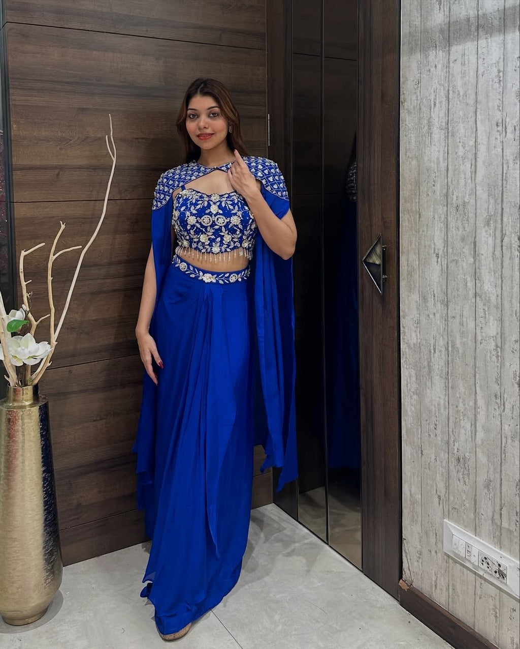 Royal Blue Embroidered Draped Saree Gown with Cape Sleeves