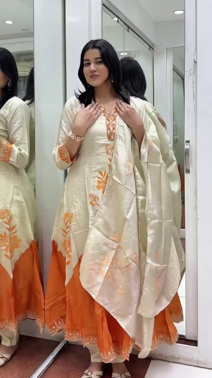 Ivory & Orange Flared Kurta Set with Floral Embroidery and Dupatta