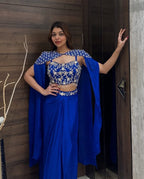 Royal Blue Embroidered Draped Saree Gown with Cape Sleeves