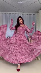 Pink Floral Printed Tiered Anarkali Kurti Set with Dupatta – Flowy Fit & Flare