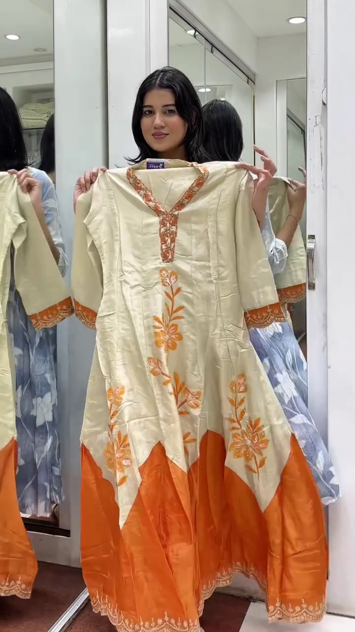 Ivory & Orange Flared Kurta Set with Floral Embroidery and Dupatta