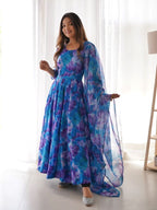 Sky Blue Color Flower Printed Classy Gown