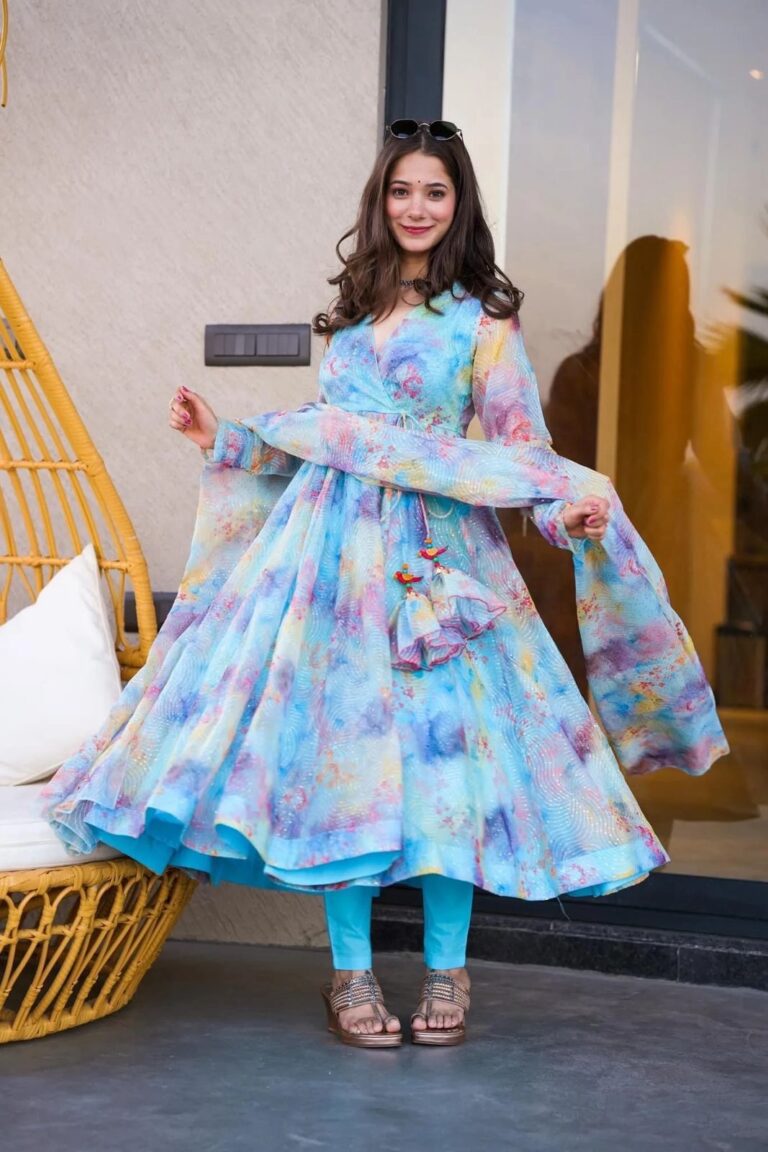 Sky Blue Color Digital Printed Designer Anarkali Gown