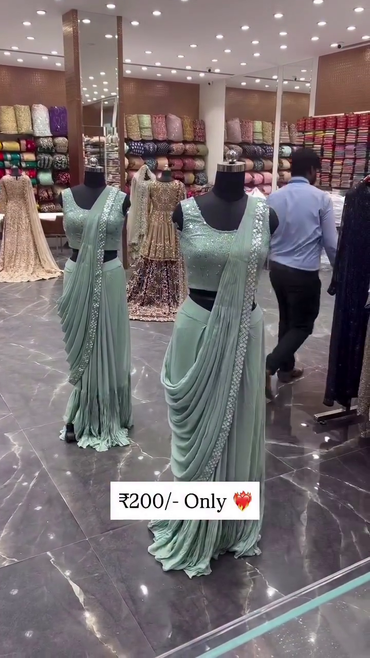 Designer Saree Style Gown with Sequin Blouse ? Mint Green