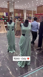 Designer Saree Style Gown with Sequin Blouse ? Mint Green