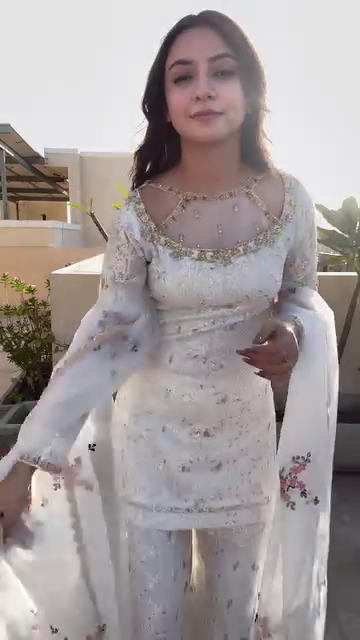 White Floral Embroidered Organza Suit Set with Palazzo and Dupatta