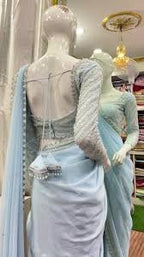 Sea Green Chinon Crape Drape Saree With Resham, Mirror, and Japanese Cut Dana