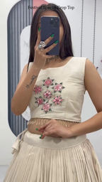 Off-White Embroidered Crop Top with Pleated Silk Lehenga ? Festival Special