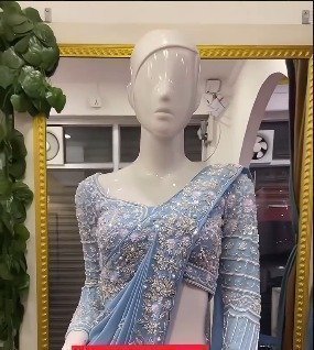 Sea Green Chinon Crape Drape Saree With Resham, Mirror, and Japanese Cut Dana