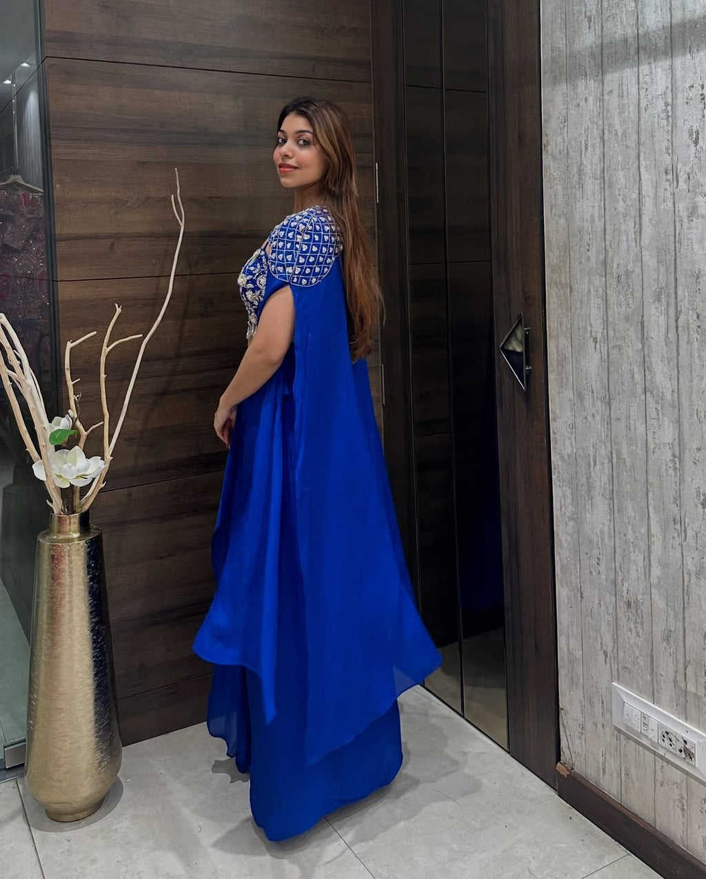 Royal Blue Embroidered Draped Saree Gown with Cape Sleeves