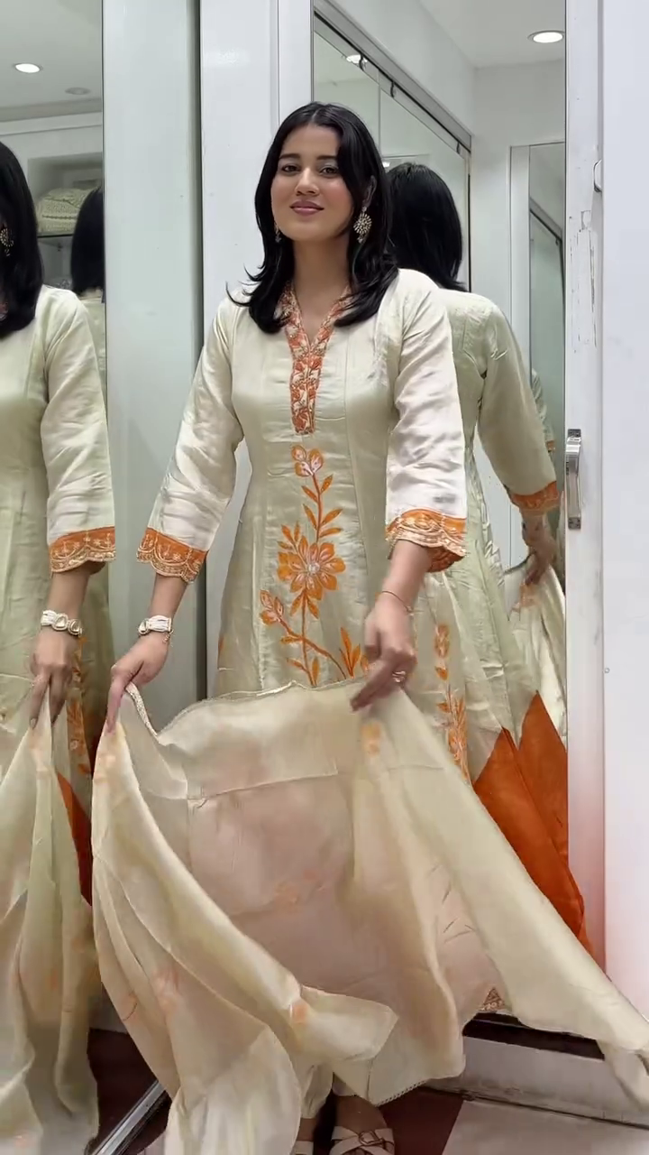 Ivory & Orange Flared Kurta Set with Floral Embroidery and Dupatta