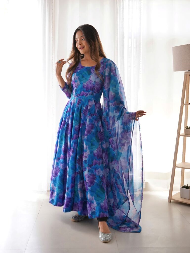 Sky Blue Color Flower Printed Classy Gown