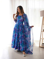 Sky Blue Color Flower Printed Classy Gown