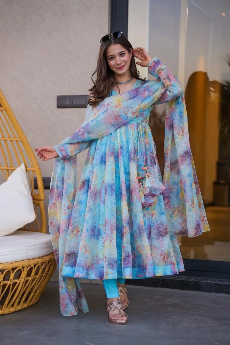Sky Blue Color Digital Printed Designer Anarkali Gown