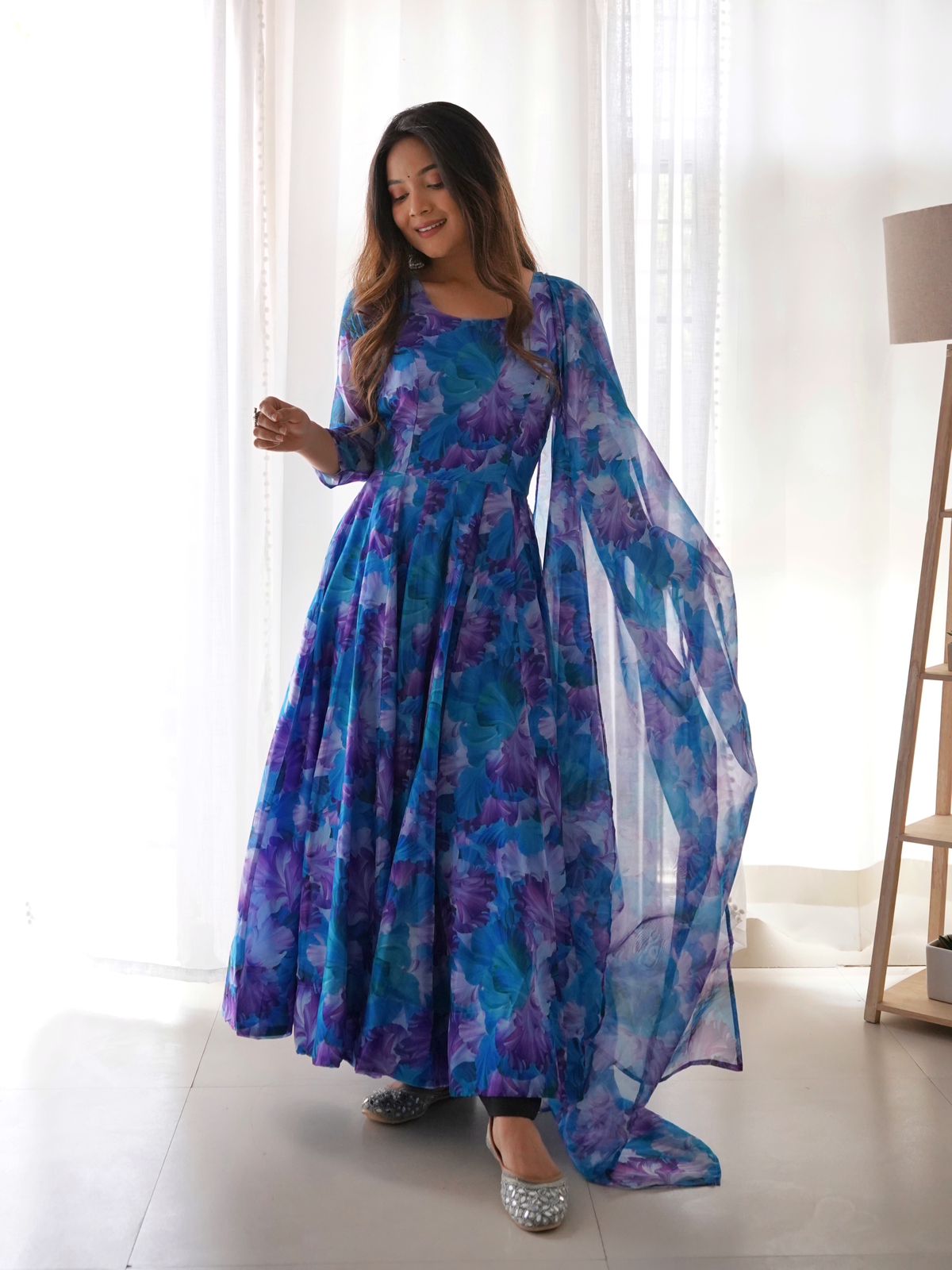 Sky Blue Color Flower Printed Classy Gown