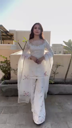 White Floral Embroidered Organza Suit Set with Palazzo and Dupatta