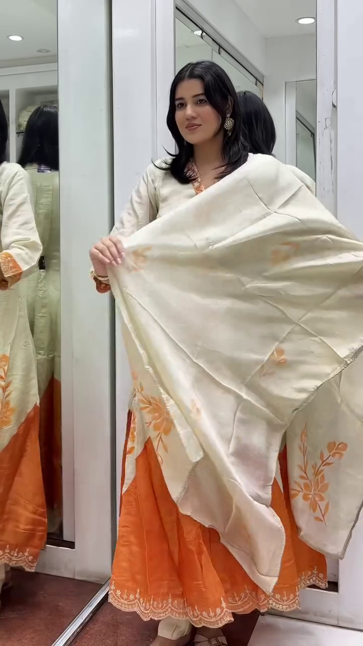 Ivory & Orange Flared Kurta Set with Floral Embroidery and Dupatta