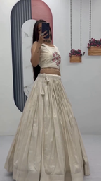 Off-White Embroidered Crop Top with Pleated Silk Lehenga ? Festival Special