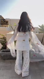 White Floral Embroidered Organza Suit Set with Palazzo and Dupatta