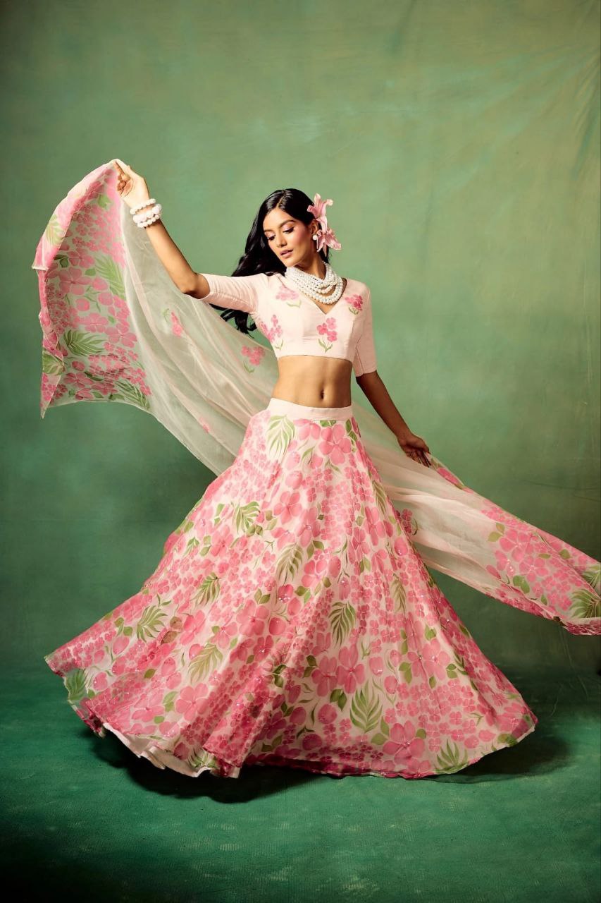 White Color Flower Printed Lehenga Choli