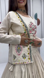 Off-White Embroidered Crop Top with Pleated Silk Lehenga ? Festival Special