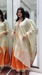 Ivory & Orange Flared Kurta Set with Floral Embroidery and Dupatta