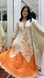 Ivory & Orange Flared Kurta Set with Floral Embroidery and Dupatta