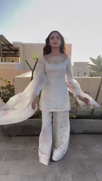 White Floral Embroidered Organza Suit Set with Palazzo and Dupatta