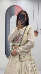 Off-White Embroidered Crop Top with Pleated Silk Lehenga ? Festival Special