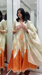 Ivory & Orange Flared Kurta Set with Floral Embroidery and Dupatta