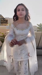 White Floral Embroidered Organza Suit Set with Palazzo and Dupatta