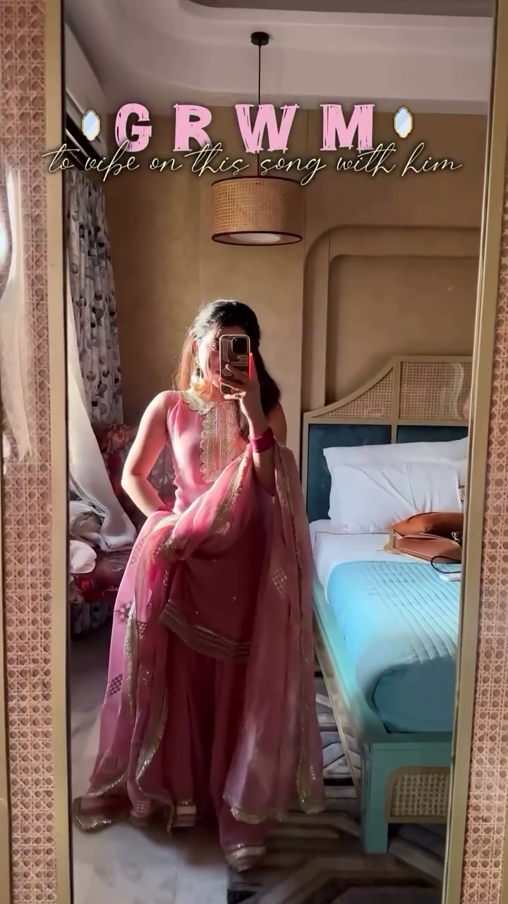 Dusty Pink Gota Patti Kurta Sharara Set with Embroidered Neckline