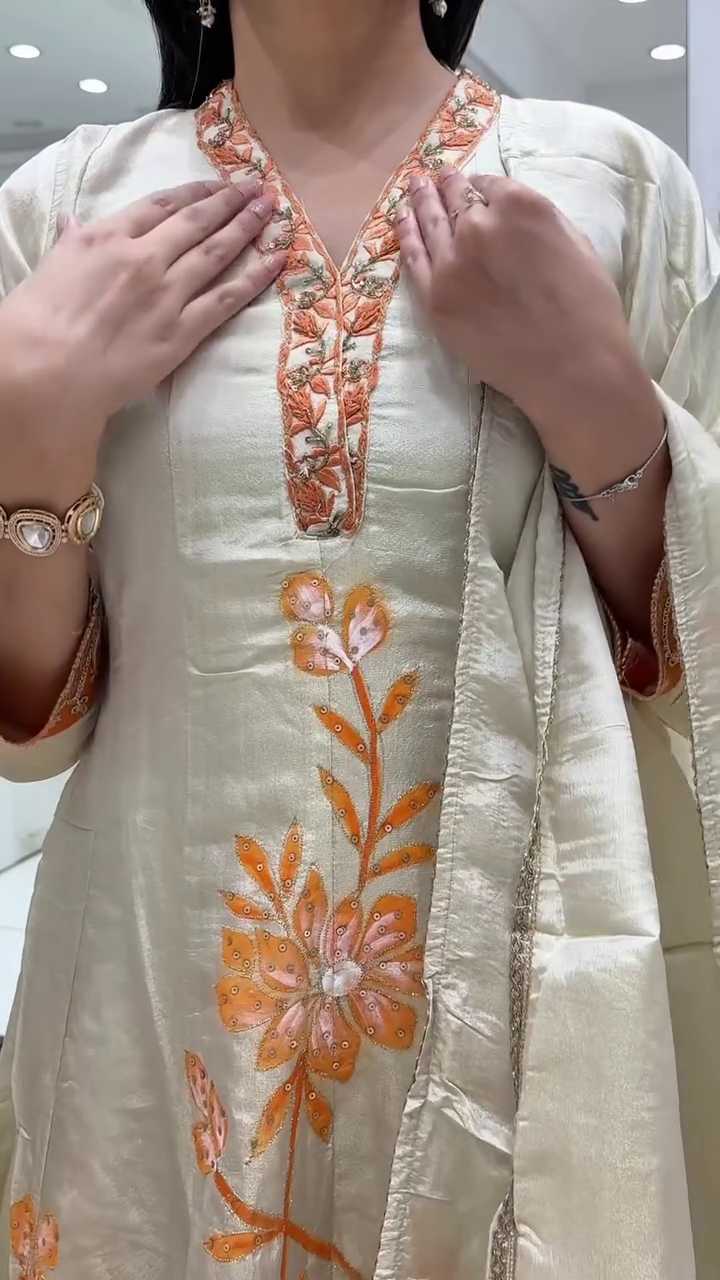 Ivory & Orange Flared Kurta Set with Floral Embroidery and Dupatta